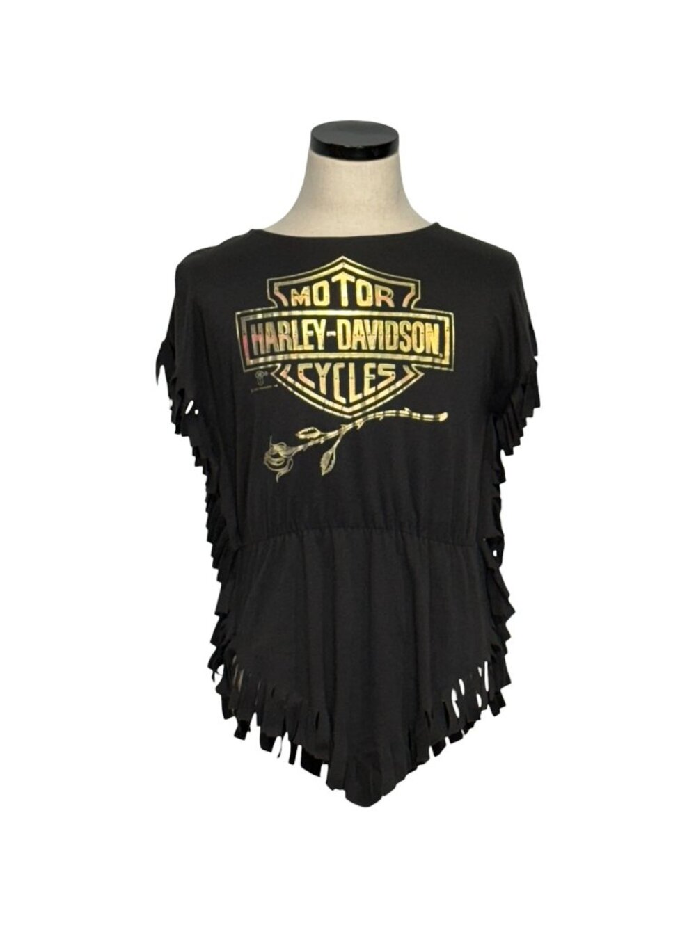 Vintage Harley-Davidson Black Fringe Graphic Tunic By The Active Edge 1980s Wm